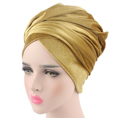 China New Plush Fashion Muslim Women Pleated Long Solid Color Wraps Luxury Headband Hijab Velvet Turban Head Wrap for sale