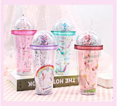 China Viable Hot Sale Plastic Tumbler Cup With Cartoon Unicorn Lid Double Wall With Straw Travel Cup BPA Free for sale