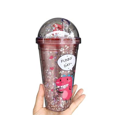 China Hot Sale 16oz Viable Plastic Ice Cream Tumbler With Cartoon Dinosaur Double Lid Wall With Straw Travel Cup BPA Free for sale