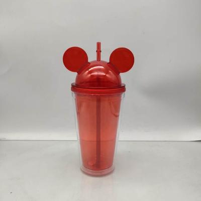 China Hot Sale 16oz Viable Double Wall Water Plastic Cup Tumbler With Mickey Mouse Lid With Straw Travel Cup BPA Free for sale