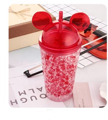 China 16oz BPA Free Viable Wall Mounted Plastic Double Tumbler With Mickey Mouse Lid With Straw With Gel Travel Mug Water Cup for sale