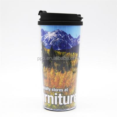 China Insert Drawing Fashion 450ml Standard Double Wall PP Paper Material Promotional New AD Insulated Automatic Cup With Inserted Drawing Proof Anti Paper Lid for sale