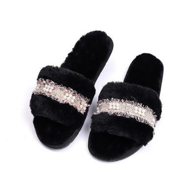 China Damping new super grade popular producer furry slippers, small pearls, cheap pastoral style cotton slippers for sale