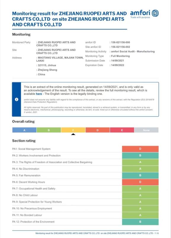 BSCI - Zhejiang Ruopei Arts & Crafts Co., Ltd.