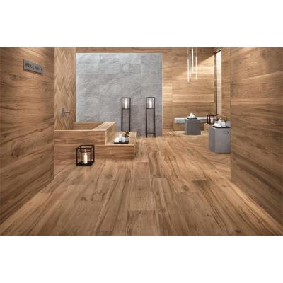 China Glazed Metallic Tiles Home Interior Dark Brown Wooden Wood Look Floor Tiles for sale