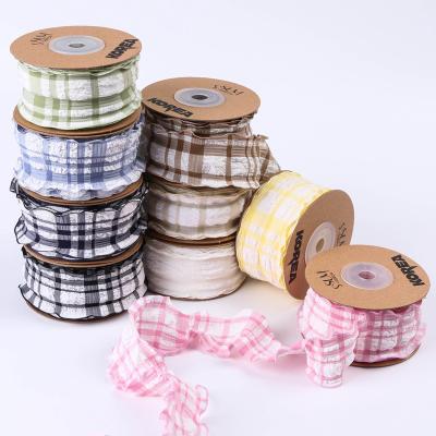 China Korea Lattice Blue And White Gingham Ribbon 38mm Polyester Pink Tartan Ribbon for sale