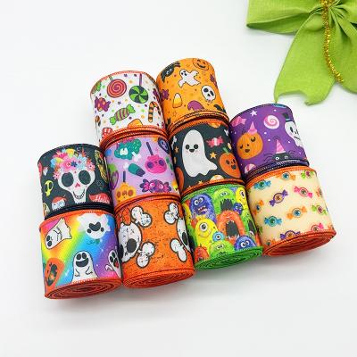 China Cute Cartoon Halloween Wired Ribbon 63mm Festival Halloween Grosgrain Ribbon for sale