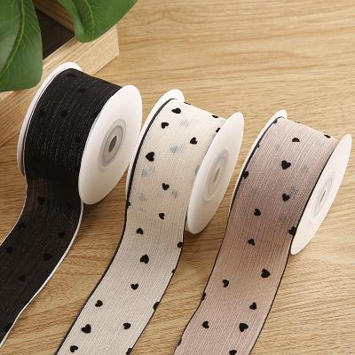 China 3 Colors Striped Ribbon 40mm Heart Printed Polyester Ribbon OEM Eco Friendly for sale