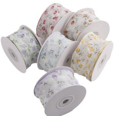 China 40mm 50mm Organza Ribbon With Floral Printed Polyester Ribbon OEM Eco Friendly for sale