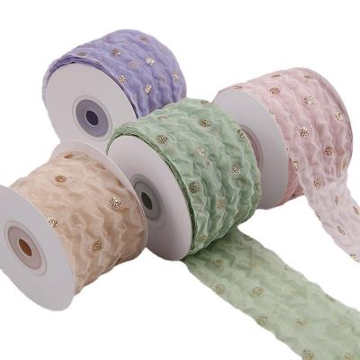 China 50mm Organza Ribbon With Dot Pattern Gold Foil Printed Polyester Organza Ribbon OEM Eco Friendly for sale