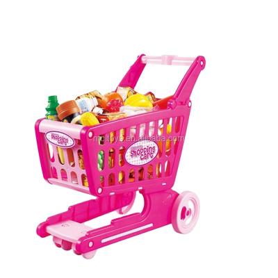 China Easy to Assemble Car and Have Fun Pink Color 58.5cm Mini Shopping Cart with Full Grocery Food Toy for Girl for sale