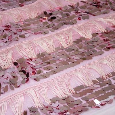 China 2021 Anti-Static High Quality Embroidery Custom Colors Wedding Dress Curtain Tassels Lace Up Mesh Sequin Fabric for sale