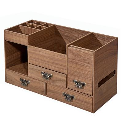 China PVC Retro Golden Walnut Storage Supplier Makeup Storage Stander Cosmetic Wooden Organizer for Home Use for sale