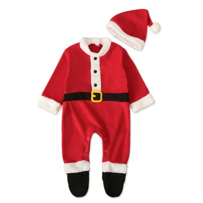 China Breathable Ruffle Baby Rompers Christmas Red Baby Rompers Christmas Footed Romper +hat Set for sale