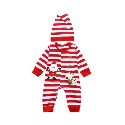 China With Long Sleeves Wholesale Infant Santa Embroidery Clothes Christmas Baby Boys Girls Cotton New Years Stripe Overalls Infant Romper With Hat for sale