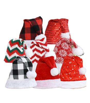 China Polyester Knitted Fabric Wholesale Kids Wave Plaid Hat Baby Plush Decoration Hat New Year Covers Headwear Party Gift Kids Christmas Hats With Pom Pom for sale