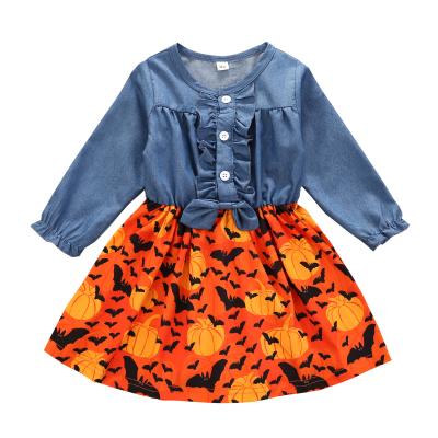 China Halloween Washable Baby Sleeve Cotton Dresses Clothes Children Outfits Girls Kids Clothes Pumpkin Bat Print Long Denim Dress for sale