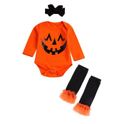 China Wholesale 3pcs Cotton Toddler Pumpkin Romper Socks Headband Set Costume Newborn Baby Clothes Jumpsuit Infant Halloween Costume for sale