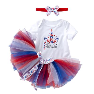 China With sleeves 4th of July unicorn print short romper and tutu skirt with headband set baby clothes girl romper babies clothes for sale