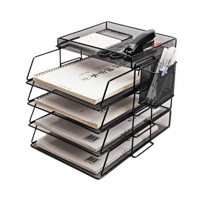 China Modern Mesh File Rack Organizer Desk Paper Document Holder 4 Tier Metal For Office Home School Folder Multicolor Stackable Trays for sale