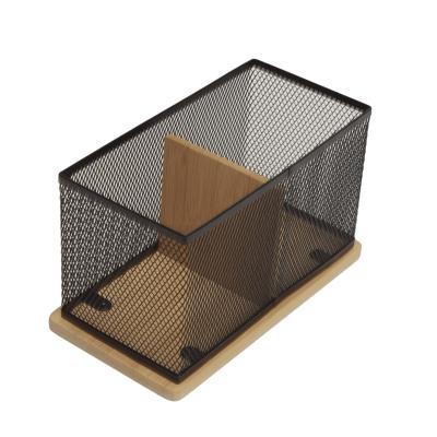 China High End 2 Grid Storage Box Office Desk Organizer Wood Base Metal Mesh Pen Holder Simple Modern Wooden Base Pencil Holder for sale