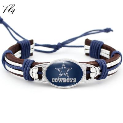 China Fashion NFL Leather American Football Teams Braided Leather Cuff Sports Bracelet Custom for sale