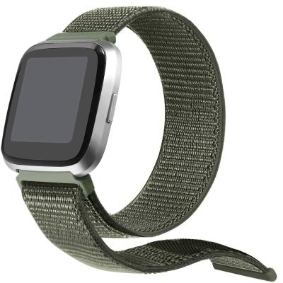 China Water Resistant Chinber Olive Green Fabric Nylon Loop Watch Band for Fitbit Versa Smartwatches for sale