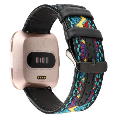 China Water Resistant Colorful Chinber Vintage Woven Fabric And Leather Watch Band Strap For Fitbit Versa for sale