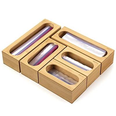 China Wanuocraft Flexible Wooden Bamboo Bag Storage Ziplock Organizer And Dispenser For Kitchen Drawer for sale