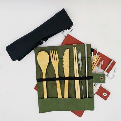 China WanuoCraft Sustainable Portable Bamboo Cutlery Set Travel Camping Wooden Cutlery Sets Bamboo Flatware Set with Bag Travel Pouch for sale