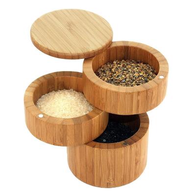 China WanuoCraft Sustainable Bamboo Spice Container With Magnetic Lid Rotating Round Three Layer Seasonings Box Storage Container for sale