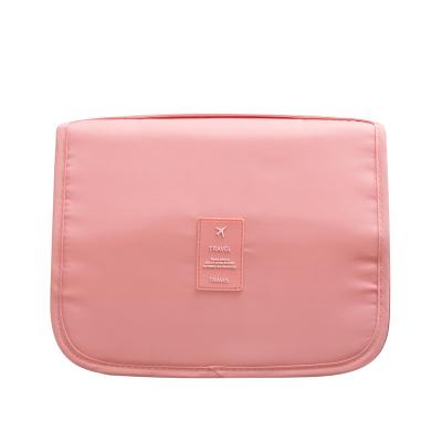 China Lady Travel Waterproof Pink Women Leather Cosmetic Organizer Custom Hanging Toiletry Bag With Hanging Hook for sale