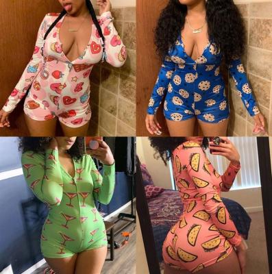 China New wholesale QUICK DRY large size ladies home wear jumpsuit women 2022 deep V sexy printed long sleeve pajamas onesie adult pajamas for sale