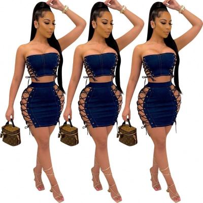 China Wholesale Breathable Sexy Bandage Sleeveless Top Skinny Backless Lattice Women Tube Skirt Two Piece Set for sale