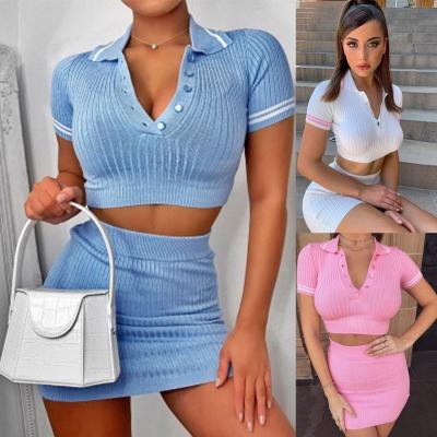 China Wholesale Breathable Sexy Button Turn Down Short Collar Women Outfits Summer Outfits Crop Top Ribbed Skirt Two Piece Set for sale