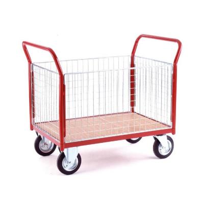 China Moving Sides Disassembled Steel Mesh Cargo Cart Trolley Warehouse Use Storage Plywood Platform 4 for sale