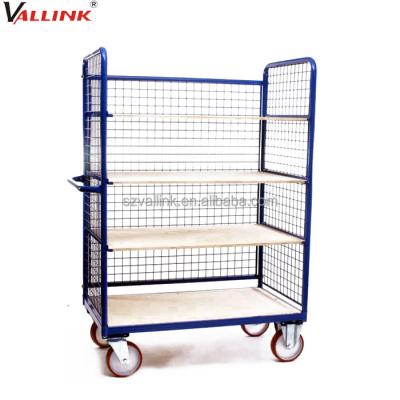 China Mesh Sided Four Shelves Mesh Sided Steel Rolling Warehouse Cargo Trolley for sale