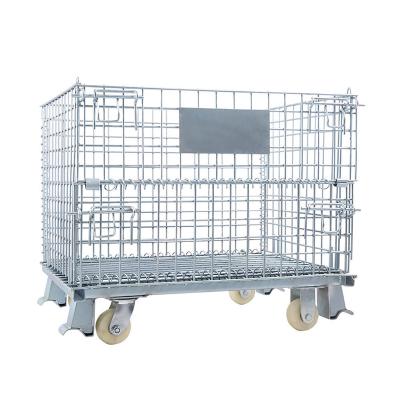 China Large Capacity Storage Wire Mesh Metal Cage Pallet With Foldable Industrial Foldable Galvanized Casters for sale