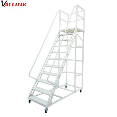 China Folding Ladders Warehouse Safety Steel Movable Work Platform Rolling Ladder With Handrails for sale