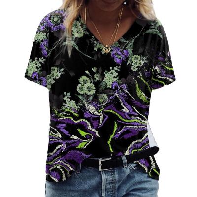 China Anti-Wrinkle Summer Women Fashion Sleeves Vintage V Neck Street Shirts Stylish T Shirts for sale