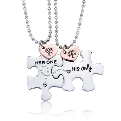 China JYS Religious Letter Lovers Necklace Puzzle Pendant His Lover 2pcs Keepsake Necklace Stainess Steel for sale