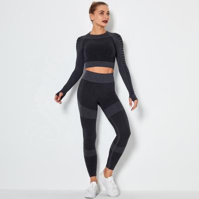 China Wholesale Anti-Static Women Workout Sets Top&High Waist Crop Long Sleeve Seamless Legging Yoga Clothing for sale