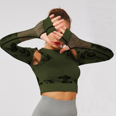 China Breathable Seamless Camouflage Yaga Long Sleeve Tops And Gaiters Set Cool Womens Hollow Gym Wear for sale