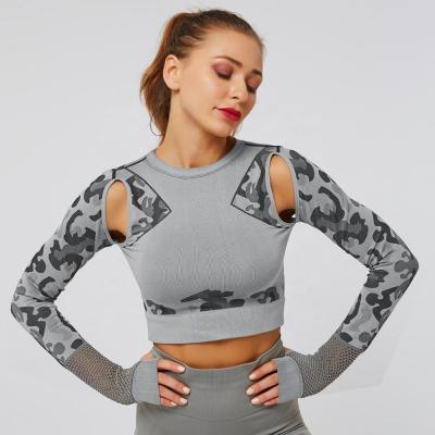 China Seamless Sports Set Mesh Crop Top + Fishing Anti-static Hip Yoga High Waist Camouflage Leggings for sale