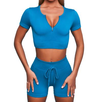 China Anti-Static Fitness Seamless Set Yoga Wear Front Zipper Gym Shirt And Drawstring Workout Underpants for sale