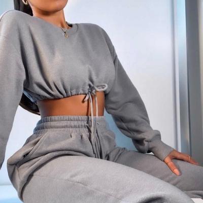 China Gray Women Antibacterial Tracksuit Jogger Suits Set Fashion Two Piece Crop Jogger Top Jogging Pants Set for sale