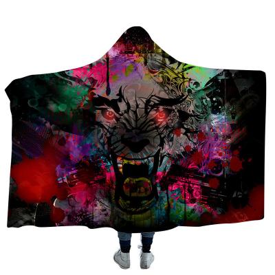 China Simple Wholesale Thick Wolf Lion Tiger Animal 3D Code Printing Hooded Throw Blanket for sale