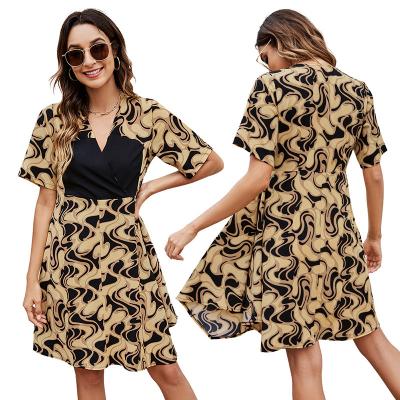 China Anti-wrinkle sleeve round neck color block short dress protecting European and American style high waist temperament short skirt printed dress for sale