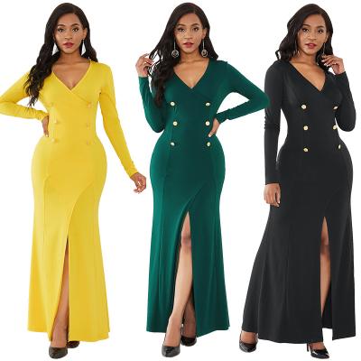 China European and American Anti-wrinkle Autumn and Winter Foreign Trade Stretch Solid Color Pattern Long Slit Hip V-neck Sexy Sheath Dress for sale