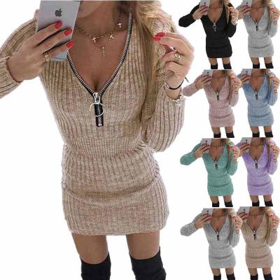 China Anti-Wrinkle Women's Zipper Sweater Dress Waist Sleeve V-Neck Knitted Bag Hip Long Plus Size Casual Dress for sale